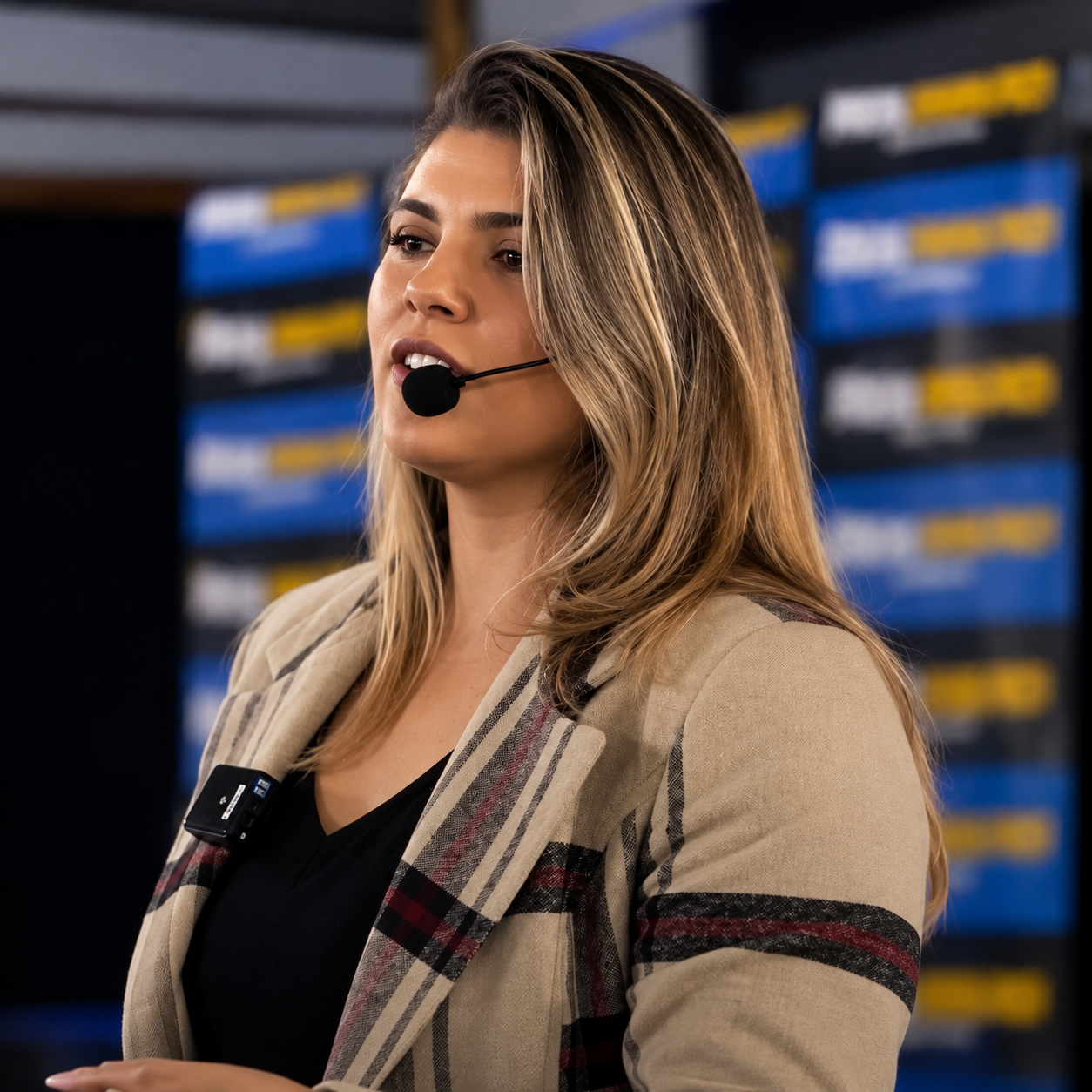 Deyse Zukowski palestrando com microfone